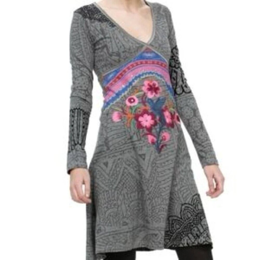 Desigual Dress Fit & Flare Hummingbird Embroidered Art Abstract Empire Waist L
